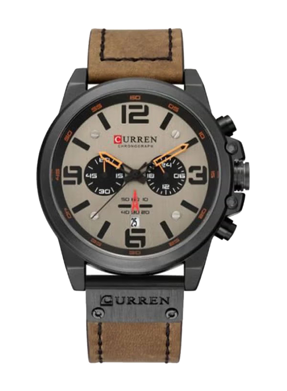 Curren Quartz Analog Watch for Men with PU Leather Band, Water Resistant and Chronograph, J4370-4-KM, Brown-Beige