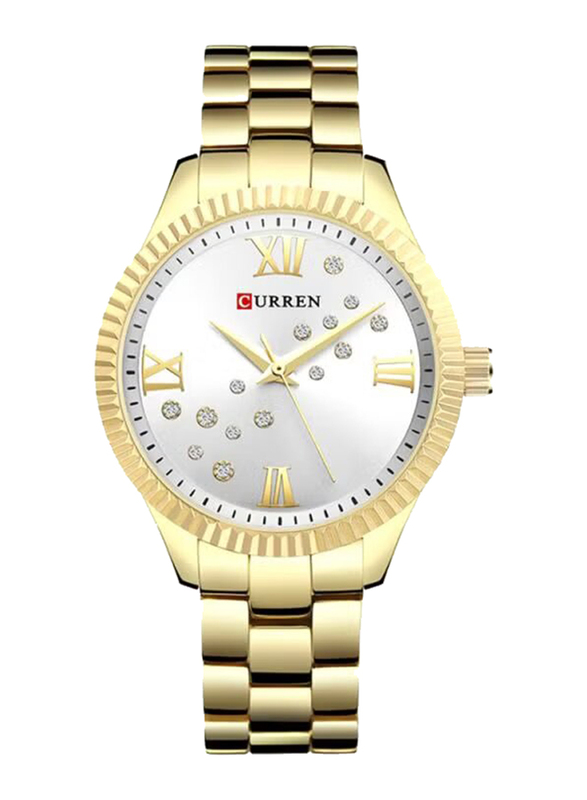 Curren Analog Watch for Women with Stainless Steel Band, Water Resistant, 9009, Gold-White