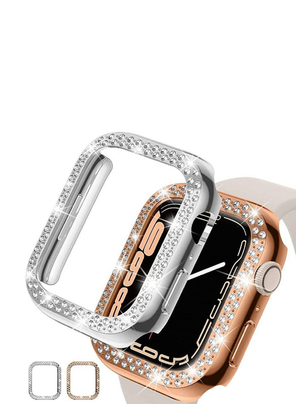 2-Piece Protective PC Bling Diamond Crystal Frame Smartwatch Case Cover for Apple Watch Series 7 41mm, Silver/Rose Gold