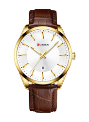 Curren Analog Watch for Men with Leather Band, Water Resistant, 8365, White-Brown