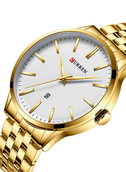 Curren Analog Watch for Men with Stainless Steel Band, Water Resistant, 8364, Gold-White