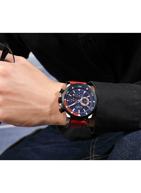 Curren Analog Watch for Men with Leather Genuine Band, Water Resistant and Chronograph, 8310, Red-Blue