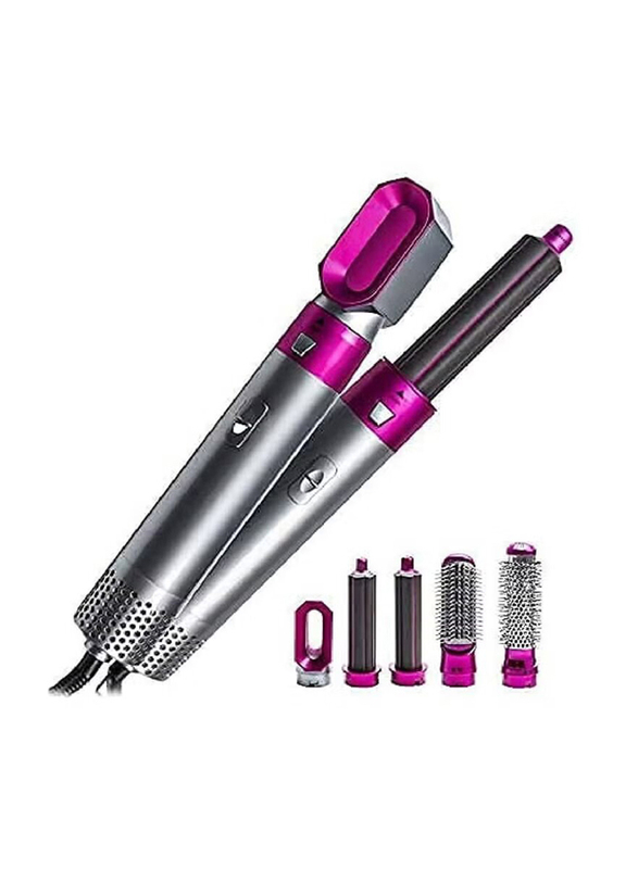 Xiuwoo 5-In-1 Negative Ionic Hot Air Styler Hair Curler Straightener Brush & Styler Hair Dryer Comb for Curly Hair, Silver/Pink