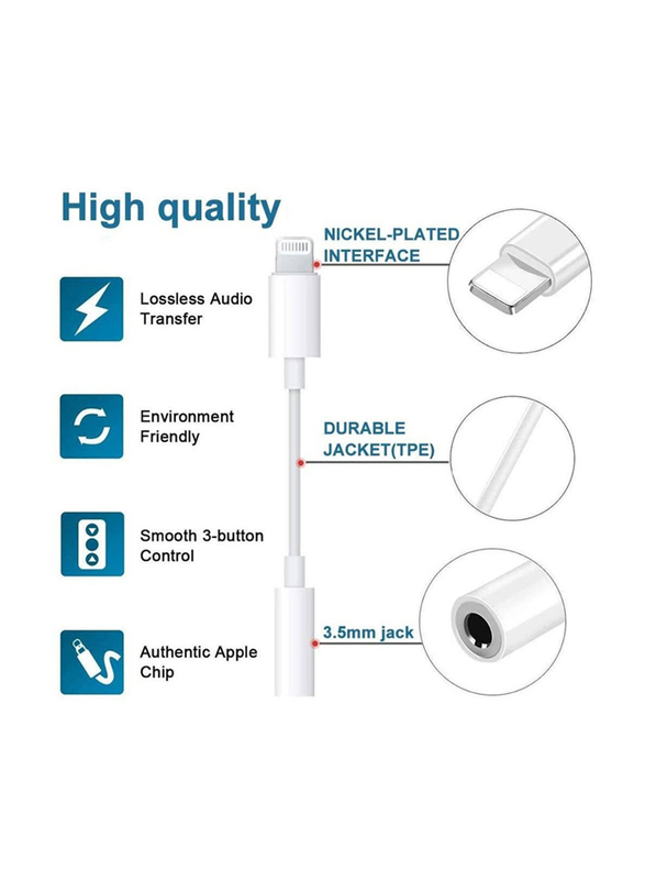 Lightning to 3.5mm Jack Aux Audio Dongle Splitter Earphone Jack Adaptor for iPhone 11/11 Pro/XR/XS/X/8/7, White