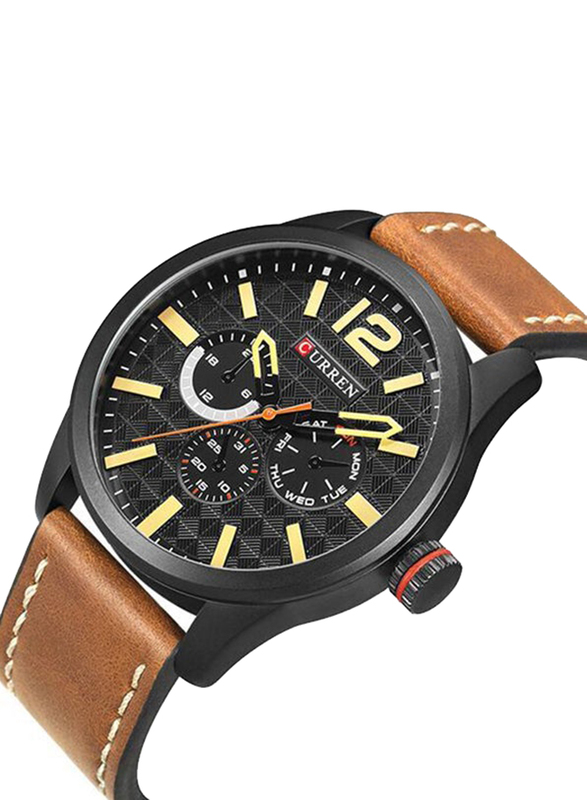 Curren Analog Watch for Men with Leather Band, Water Resistant and Chronograph, 8247, Brown-Black/Grey