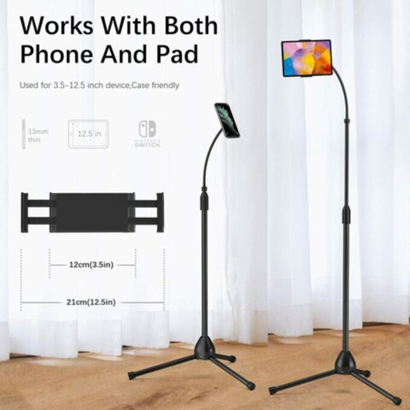 Tripod Stand Holder with Adjustable 360 Swivel Phone Pad for 3.5''-12.5'' Tablet/Phone, Black