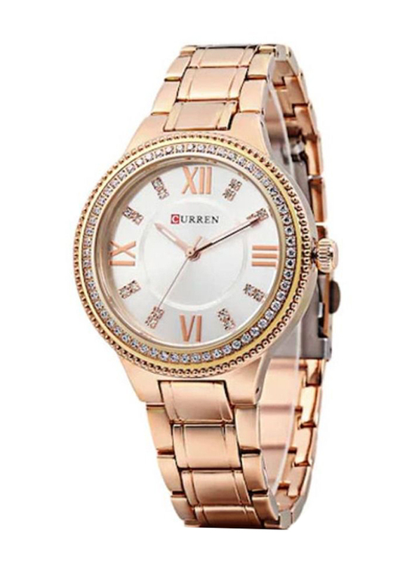 Curren Luxury Quartz Movement Analog Watch for Women with Stainless Steel Band, Water Resistant, 9004, Rose Gold-White