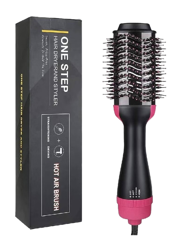 2 in 1 Multifunctional Hair Dryer Volumizer Rotating Hot Hair Brush Curler Styler Comb, Black/Pink