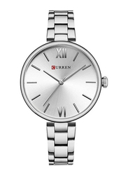 Curren Quartz Movement Analog Watch for Women with Stainless Steel Band, Water Resistant, White-Silver