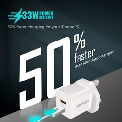 Promate Ultra-Compact 33W Gan USB-C Charger with Fast 22.5W Qc 3.0 Charging Port, White