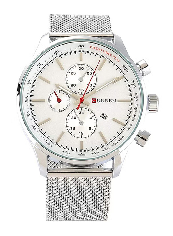 

Curren Analog Watch for Men with Stainless Steel Band, Water Resistant and Chronograph, WT-CU-8227-W, Silver-White