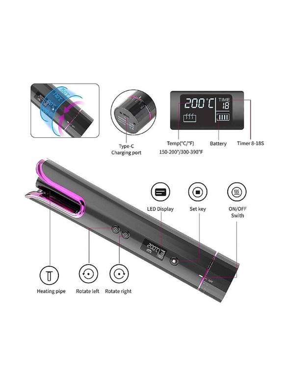 LCD Display & 4 Adjustable Temperature Portable USB Rechargeable Cordless Automatic Curling Iron, Multicolour