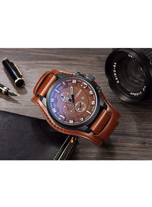 Curren Analog Watch for Men with Leather Band, Water Resistant and Chronography, 8225, Brown