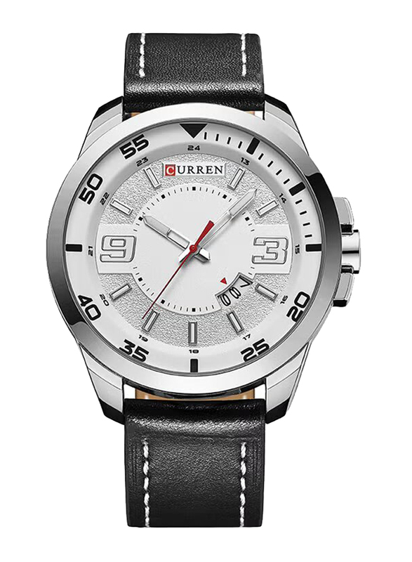 Curren Analog Watch for Men with Leather Band, Water Resistant, M-8213-1, Black-White