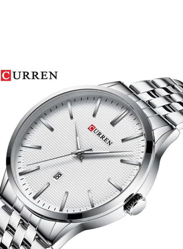 Curren Analog Watch for Men with Metal Band, Water Resistant, J4265S-W-KM, Silver-White