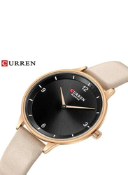 Curren Analog Watch for Women with Leather Band, Water Resistant, 9039, Black-Beige