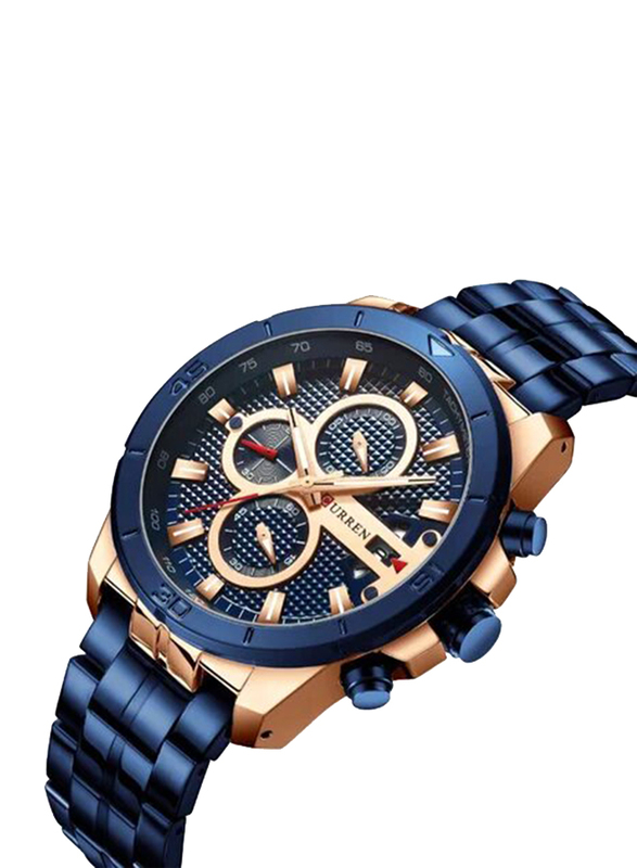 Curren Analog Unisex Watch with Stainless Steel Band, Chronograph, J3947BL-KM, Blue-Gold