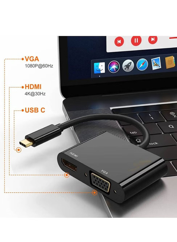 USB Type-C Converter, HDTV + VGA to USB Type-C for Suitable Devices, Black