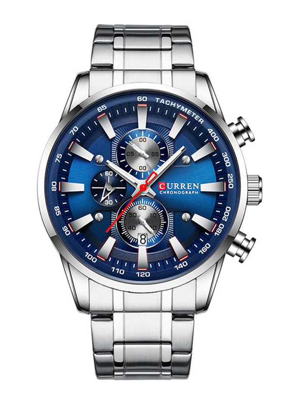 Curren Analog Watch for Men with Stainless Steel Band, Water Resistant & Chronograph, J4223S-BL-KM, Blue-Silver