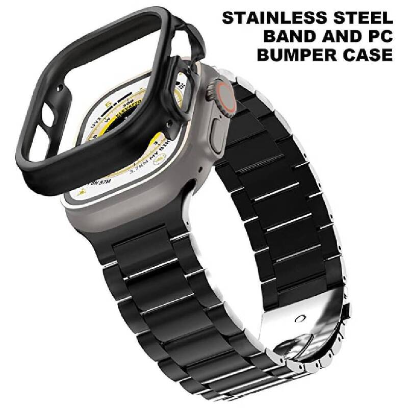 Replacement Stainless Steel Metal Strap With Case Cover For Apple Ultra Watch 49mm, Black