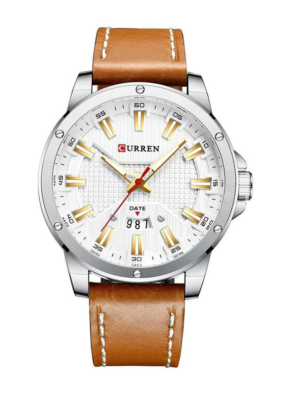 

Curren Analog Watch for Men with Leather Band, Water Resistant, Brown-White