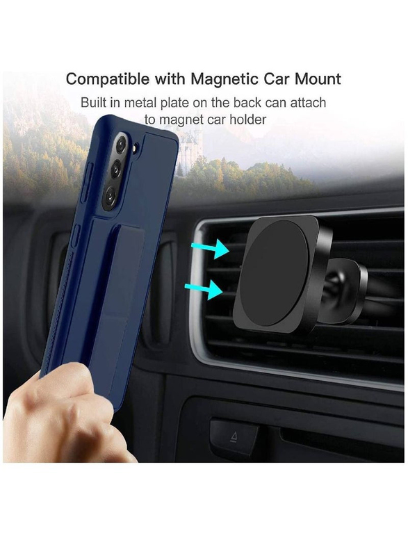 Samsung Galaxy S23 Plus Magnetic Car Mount Kickstand & Holder Premium Silicone Vertical & Horizontal Hand Strap & Grip Mobile Phone Case Cover, Blue