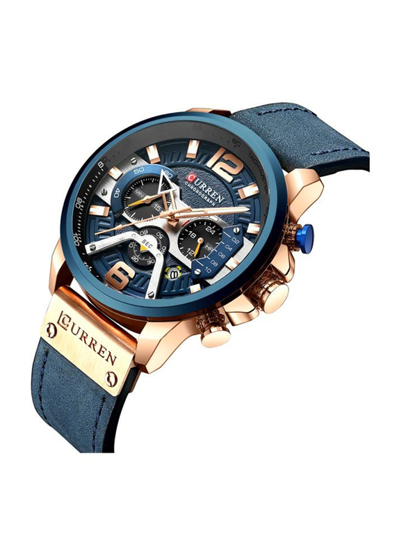 Curren Analog Wrist Watch for Men with Leather Band, Water Resistant and Chronograph, J313BL, Blue