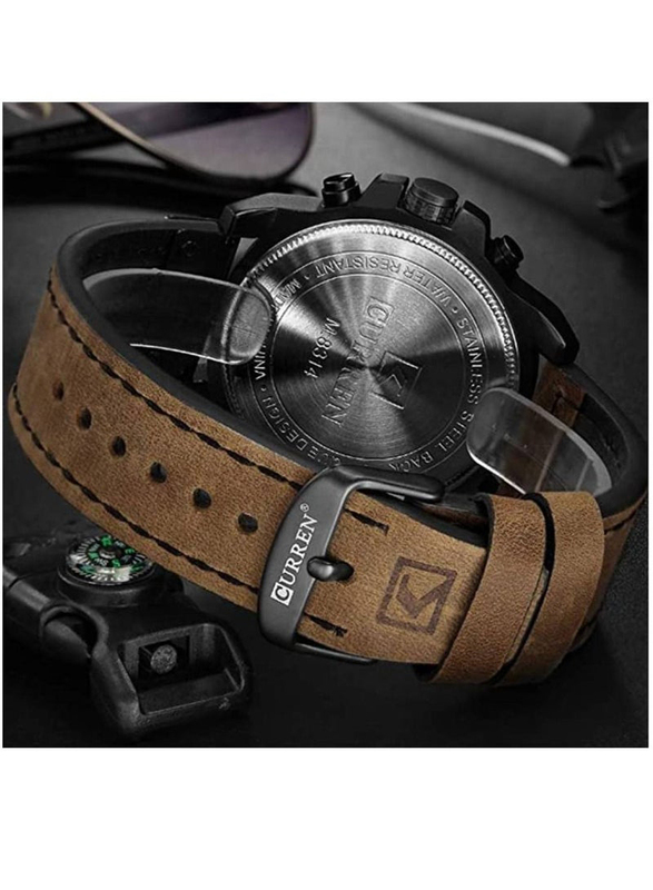 Curren Analog Watch for Men with Leather Band, Water Resistant and Chronography, 8351, Brown-Brown