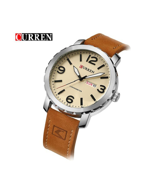 Curren Analog Watch for Men with Leather Band, Water Resistant, 8273, Brown-Beige