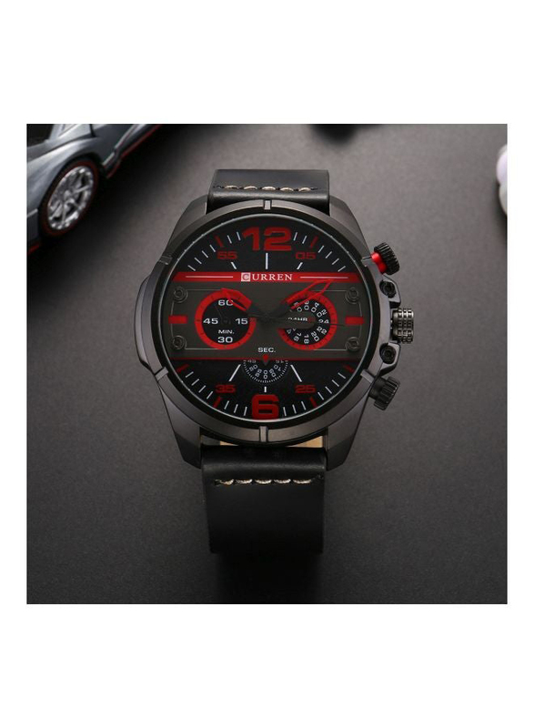 Curren Analog Watch for Men with Leather Band, Water Resistant & Chronograph, 8259, Red-Black