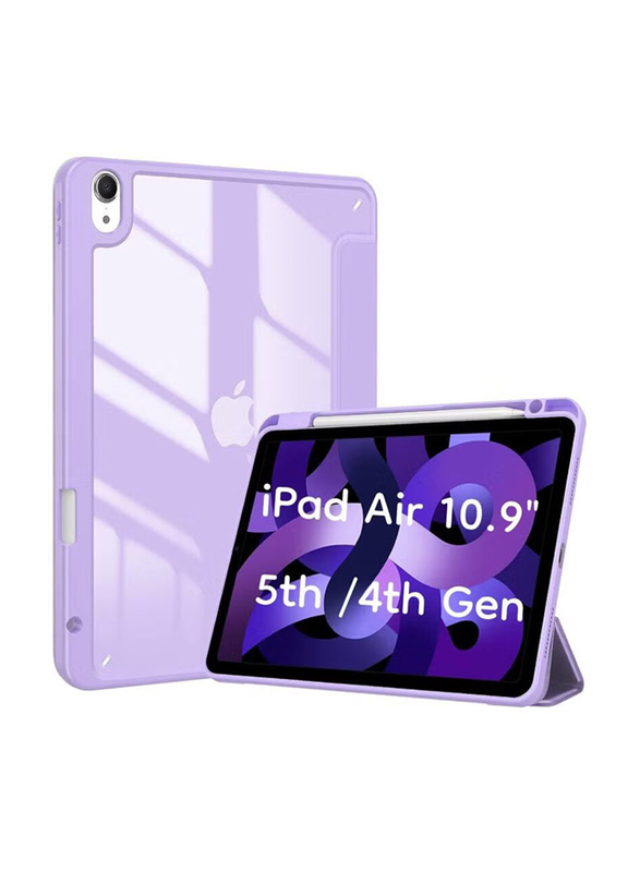 10.9-inch Apple iPad Air (4th/5th Generation) (2020/2022) Back Shell Tri-fold Protective Smart Tablet Case Cover with Pencil Holder, Purple
