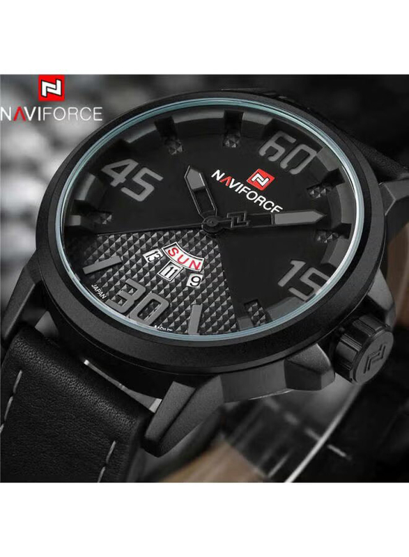 Naviforce Analog Watch for Men with Leather Band, Water Resistant, WT-NF-9087-GY#D1, Black