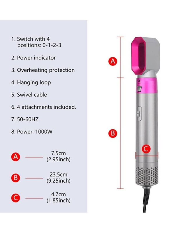 5-in-1 Hair Dryer Hot Air Brush Styler Negative Iron Hair Straightener Volumizer Hair Curler, Grey/Pink