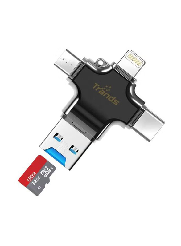 Trands 4 In 1 TF Micro SD Card Reader, Black/Silver