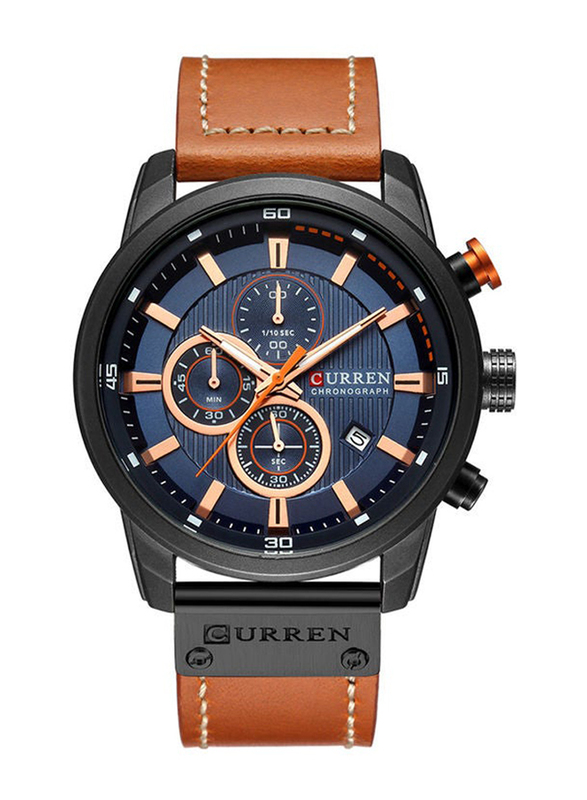 Curren Analog Watch for Men with Leather Band, Water Resistant and Chronography, J3591-5-1-KM, Brown-Blue