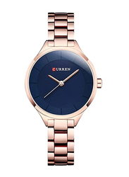 Curren Analog Watch for Women with Stainless Steel  Band, Water Resistant, WT-CU-9015-GO1#D2, Rose Gold-Blue