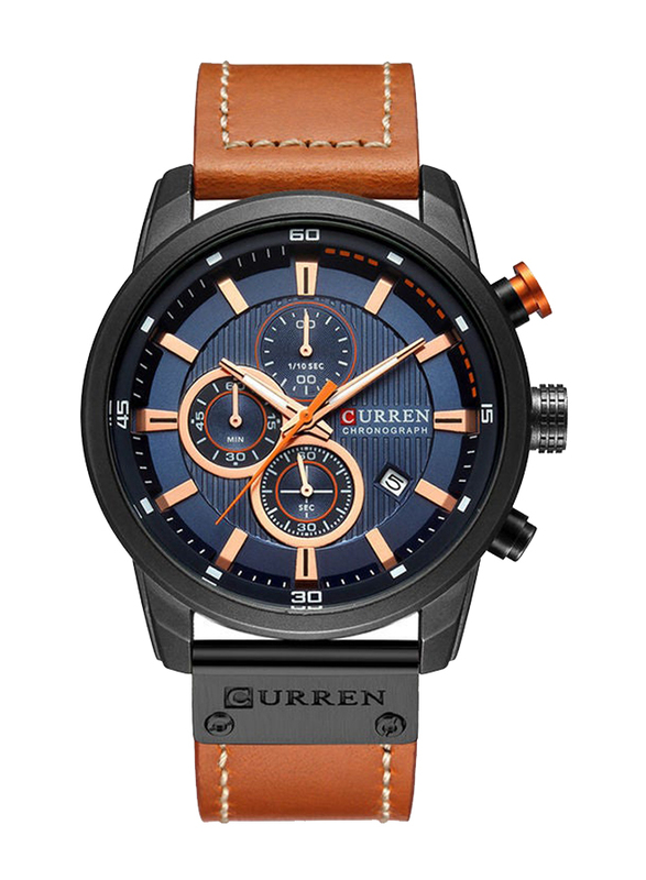 Curren Stylish Analog Wrist Watch for Men with Leather Band and Chronograph, Brown-Blue