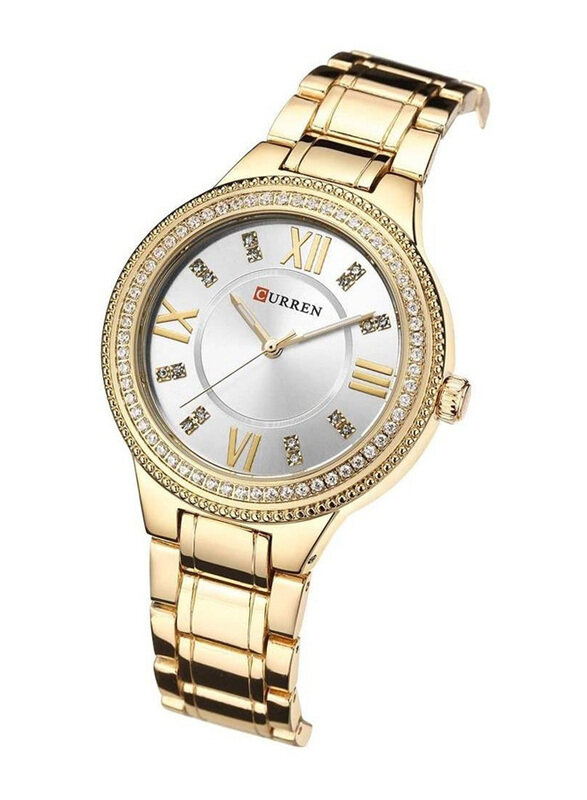 Curren Analog Watch for Women with Stainless Steel Band, Water Resistant, 9004, Gold-White