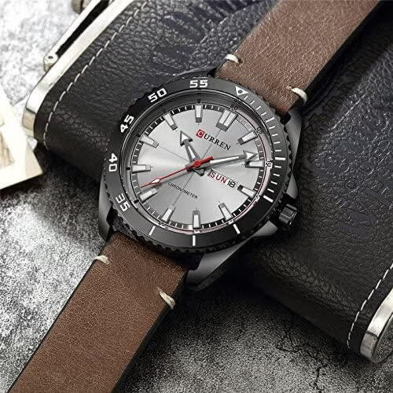 Curren Analog Watch for Men with Leather Band, Water Resistant, 8272, Brown-Grey
