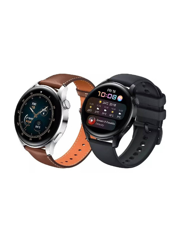 2-Piece Replacement Genuine Leather And Silicone Strap for Huawei Watch GT3 Pro, Black/Brown