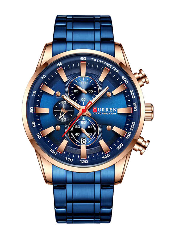 Curren Quartz Analog Watch for Men with Stainless Steel Band, Water Resistant and Chronograph, 8351, Blue-Rose Gold