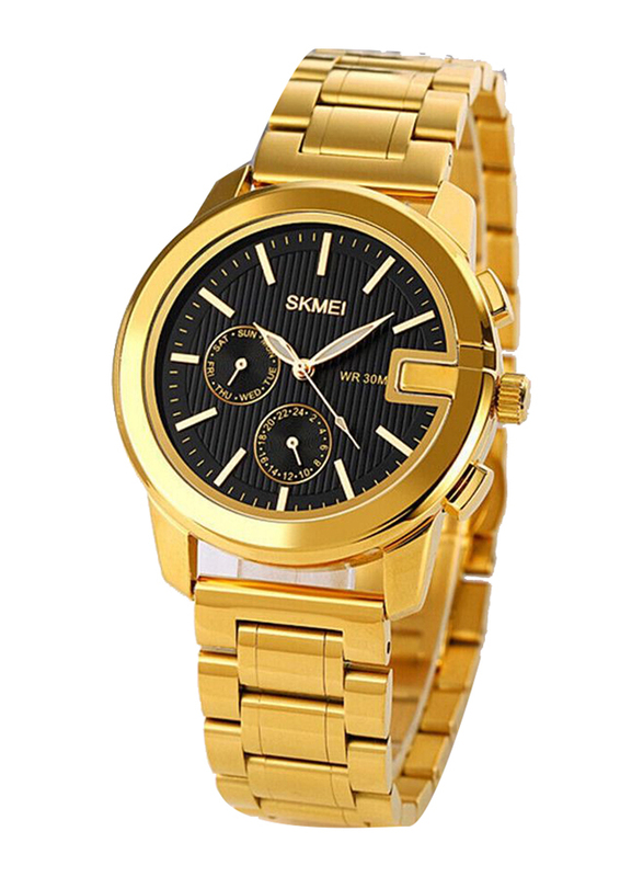 SKMEI Analog Watch for Men with Stainless Steel Band, Water Resistant, Gold-Black