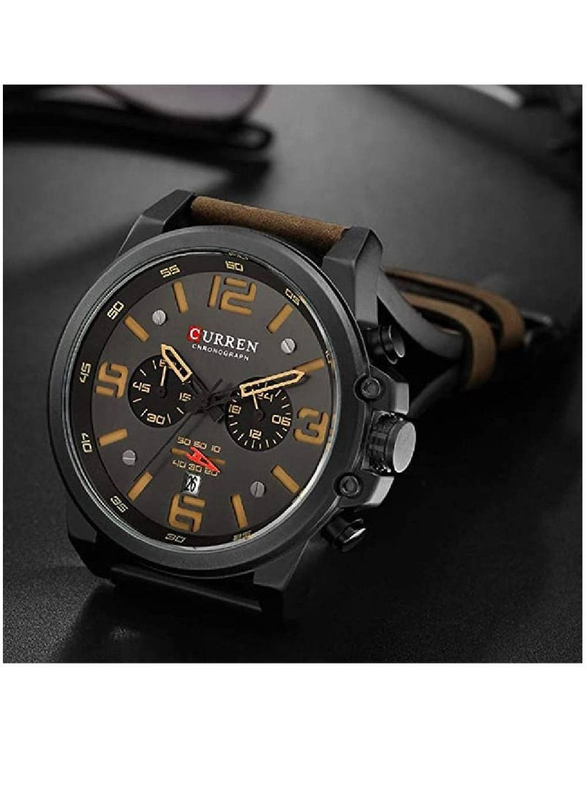 Curren Analog Watch for Men with Leather Band, Water Resistant and Chronography, 8314, Coffee-Coffee