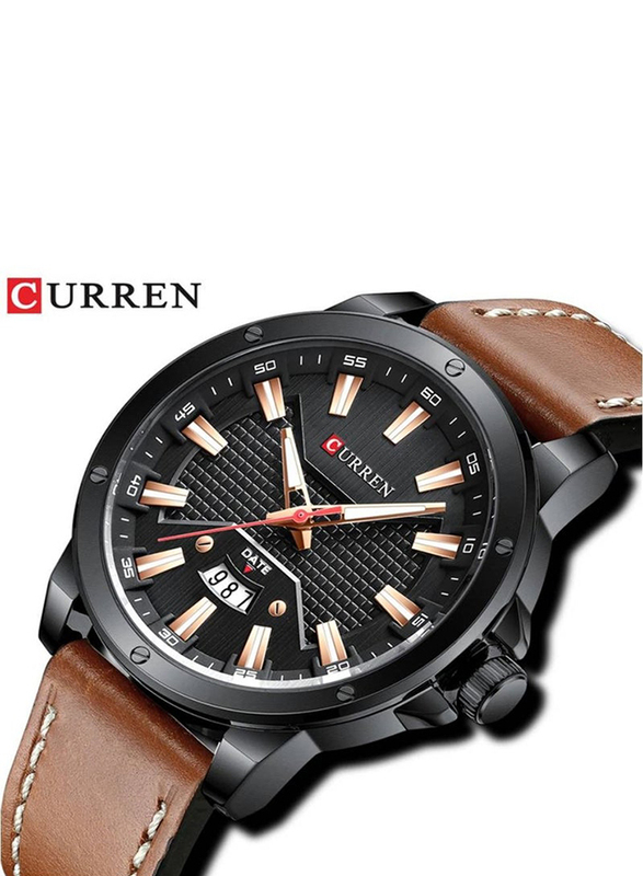 Curren Analog Watch for Men with Leather Band, Water Resistant, 8376, Brown-Black