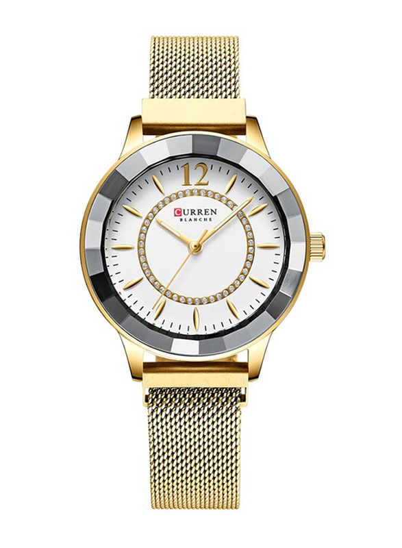 Curren Analog Watch for Women with Stainless Steel Band, Water Resistant, C9066L-1, Gold-White