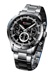 Curren Analog Watch for Men with Stainless Steel Band, Water Resistant and Chronograph, 8355, Silver-Black