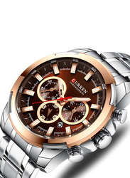 Curren Analog Watch Unisex with Stainless Steel Band, Water Resistant and Chronograph, J4345S-2, Silver-Brown