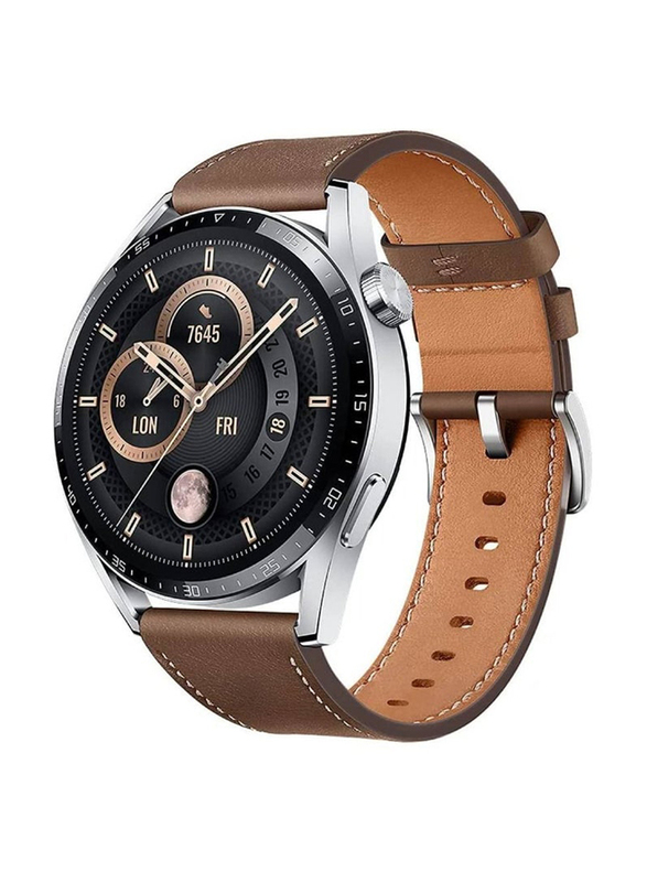 Telzeal 46mm Full Touch Round Fitness Tracker Smartwatch, Silver/Brown