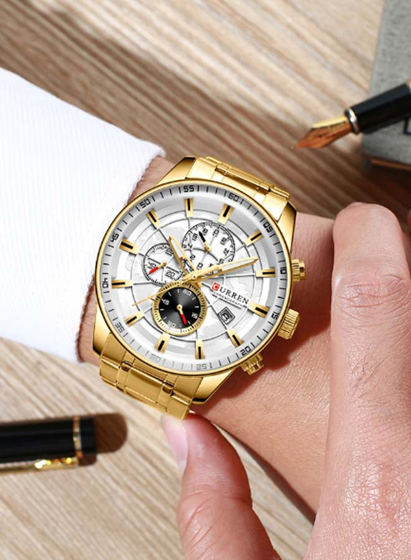 Curren Analog Wrist Watch for Men with Alloy Band and Chronograph, J4518G-S-KM, Gold-White