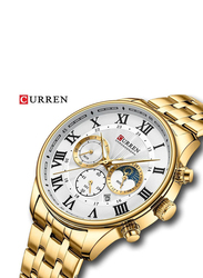 Curren Analog Watch for Men with Alloy Band, Water Resistant and Chronograph, Gold-White